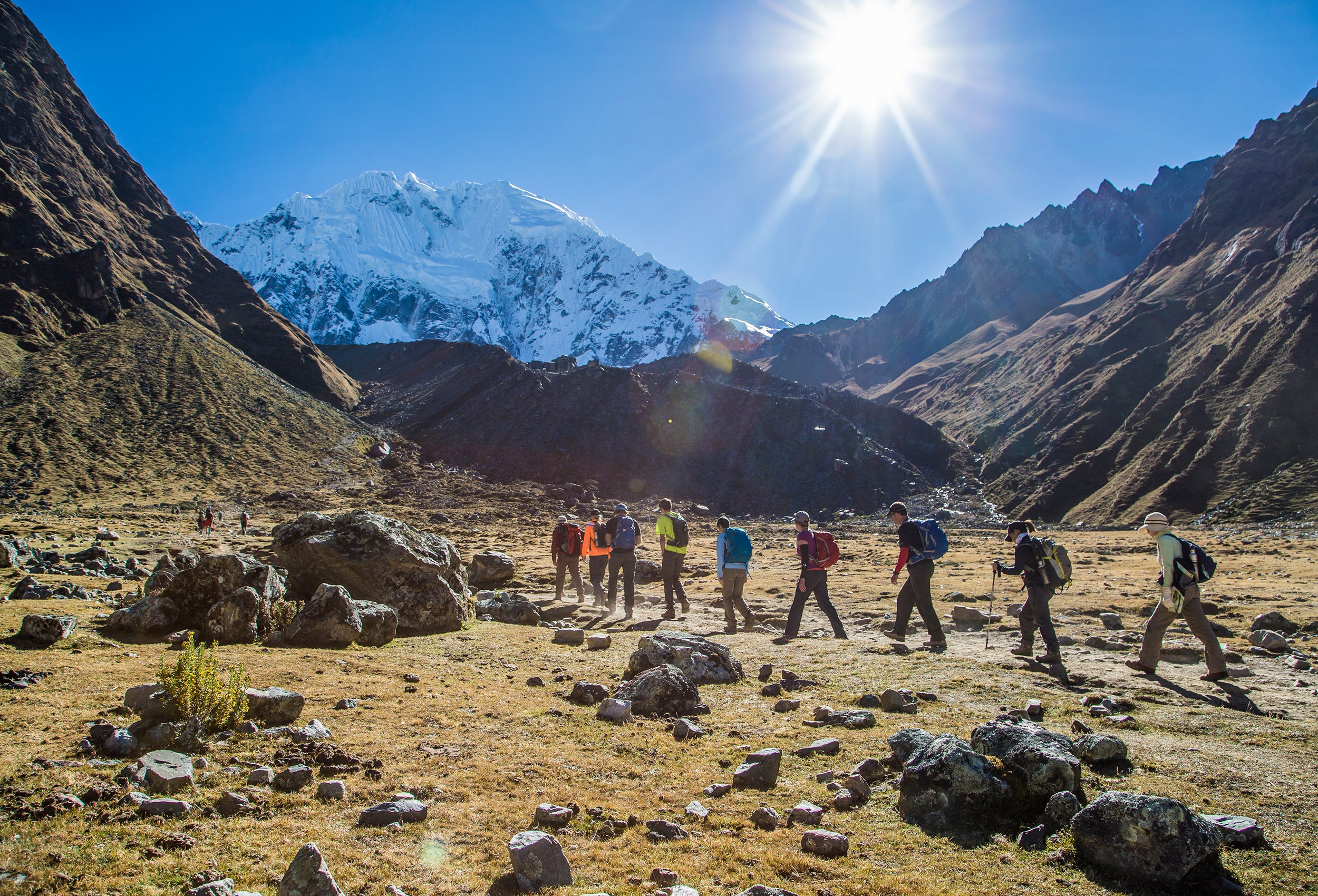 Trekkers hiking lodge to lodge with Mountain Lodges of Peru